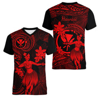 Hawaii Women V Neck T Shirt Hula Girl Mix Polynesian Plumeria Red Version - Wonder Print Shop