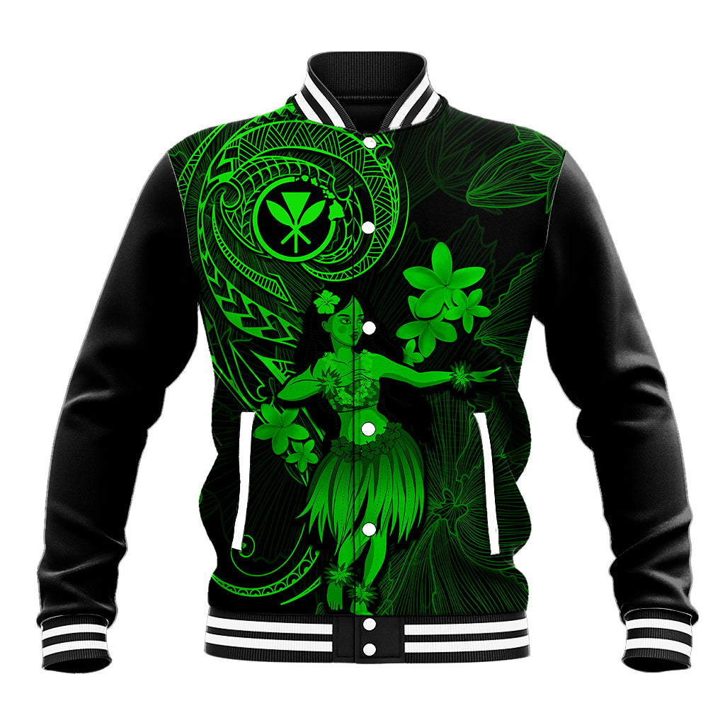 Hawaii Baseball Jacket Hula Girl Mix Polynesian Plumeria Green Version - Wonder Print Shop