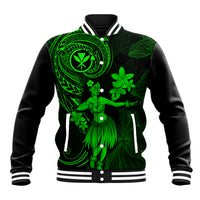 Hawaii Baseball Jacket Hula Girl Mix Polynesian Plumeria Green Version - Wonder Print Shop