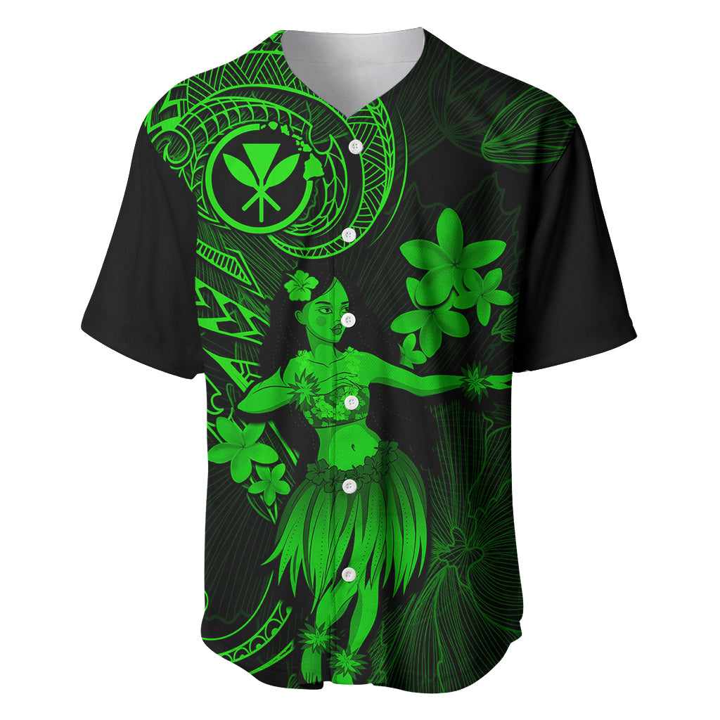 Hawaii Baseball Jersey Hula Girl Mix Polynesian Plumeria Green Version - Wonder Print Shop
