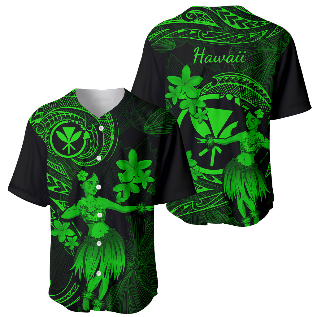 Hawaii Baseball Jersey Hula Girl Mix Polynesian Plumeria Green Version - Wonder Print Shop
