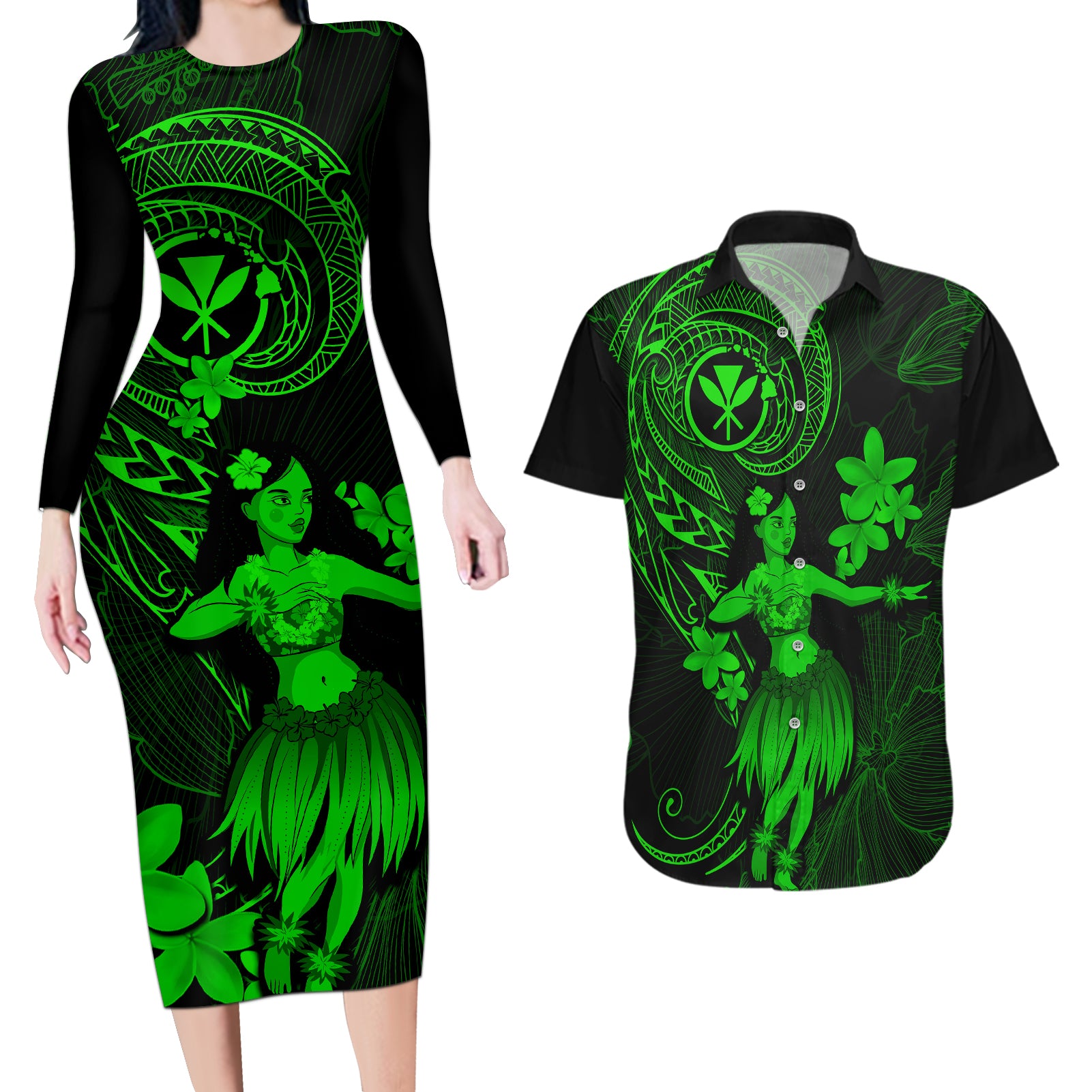Hawaii Couples Matching Long Sleeve Bodycon Dress and Hawaiian Shirt Hula Girl Mix Polynesian Plumeria Green Version - Wonder Print Shop