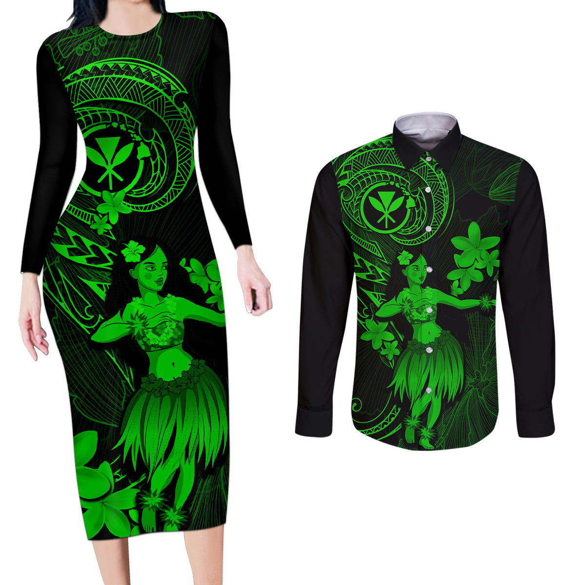 Hawaii Couples Matching Long Sleeve Bodycon Dress and Long Sleeve Button Shirts Hula Girl Mix Polynesian Plumeria Green Version - Wonder Print Shop