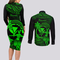 Hawaii Couples Matching Long Sleeve Bodycon Dress and Long Sleeve Button Shirts Hula Girl Mix Polynesian Plumeria Green Version - Wonder Print Shop