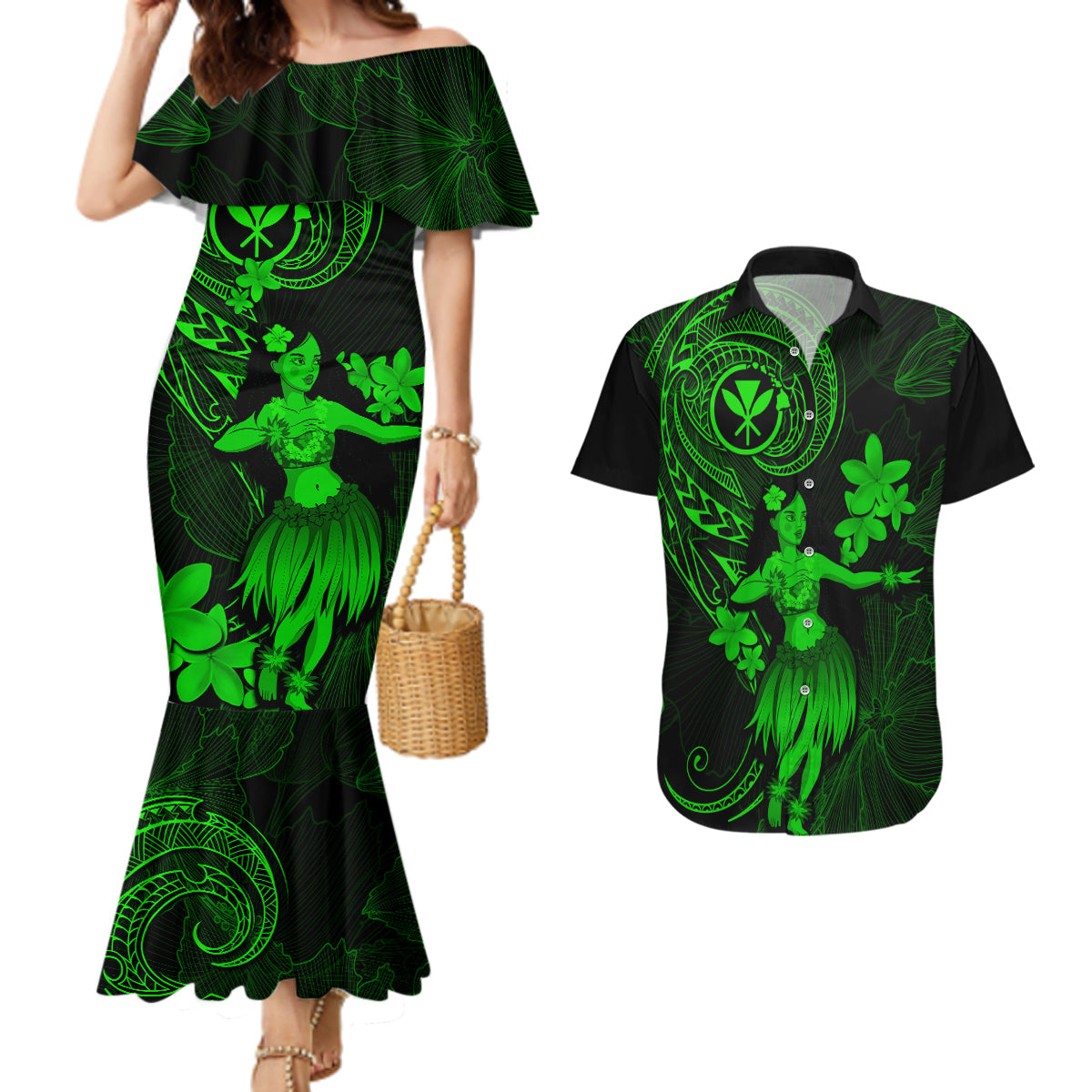 Hawaii Couples Matching Mermaid Dress and Hawaiian Shirt Hula Girl Mix Polynesian Plumeria Green Version - Wonder Print Shop