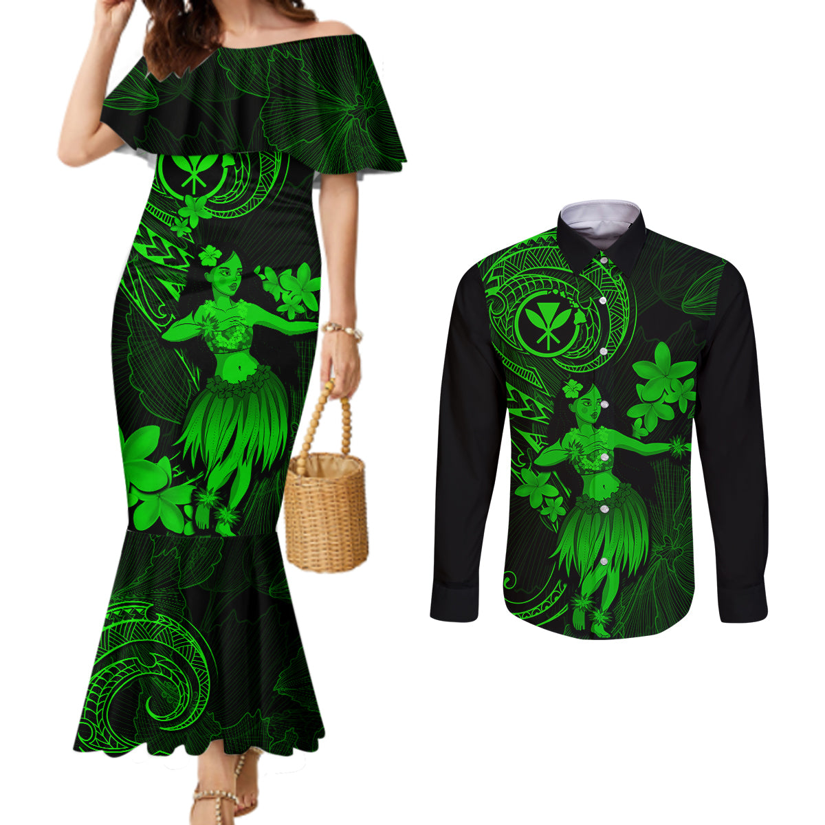 hawaii-couples-matching-mermaid-dress-and-long-sleeve-button-shirts-hula-girl-mix-polynesian-plumeria-green-version