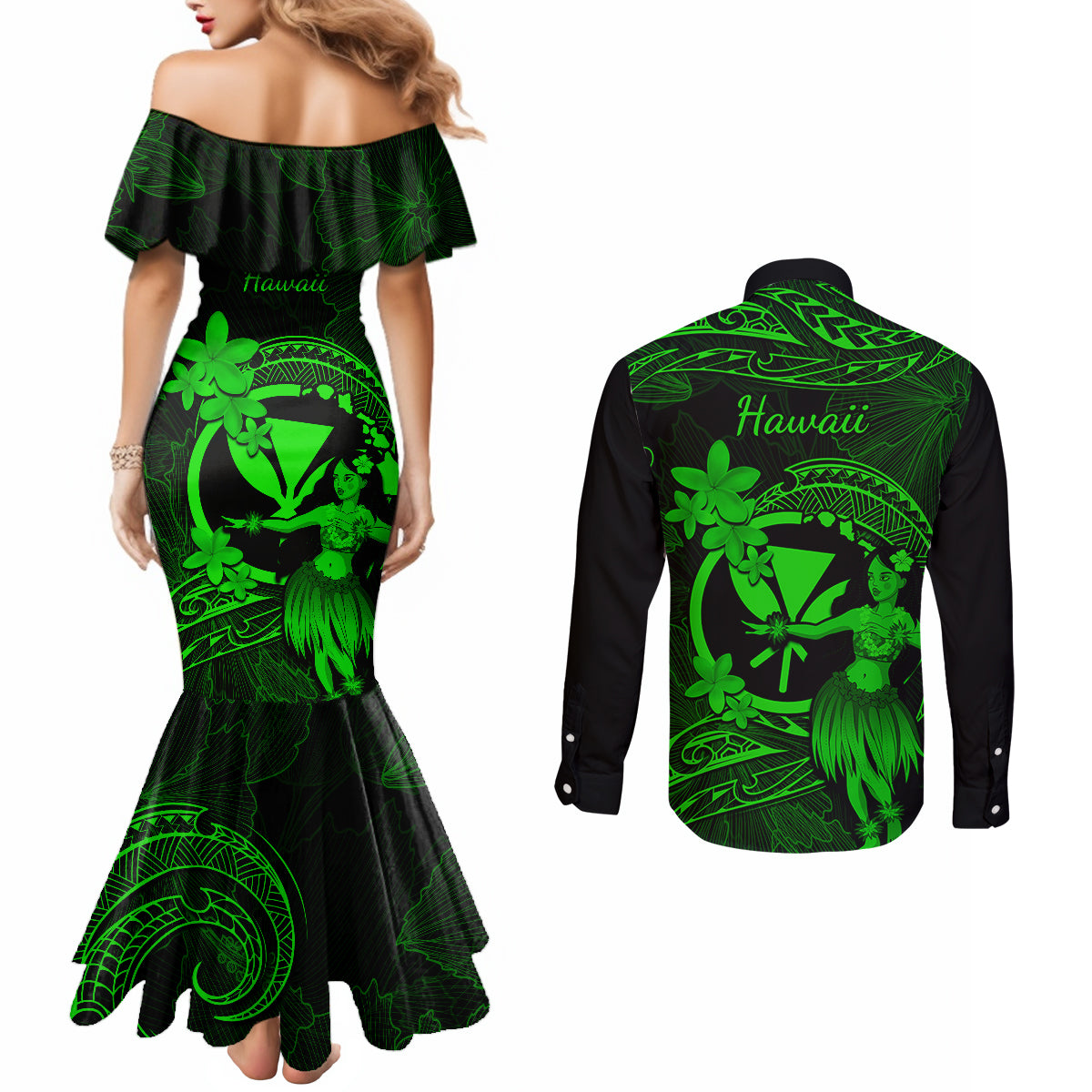 hawaii-couples-matching-mermaid-dress-and-long-sleeve-button-shirts-hula-girl-mix-polynesian-plumeria-green-version
