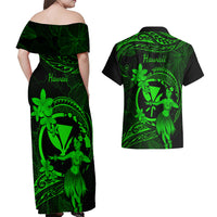 Hawaii Couples Matching Off Shoulder Maxi Dress and Hawaiian Shirt Hula Girl Mix Polynesian Plumeria Green Version - Wonder Print Shop