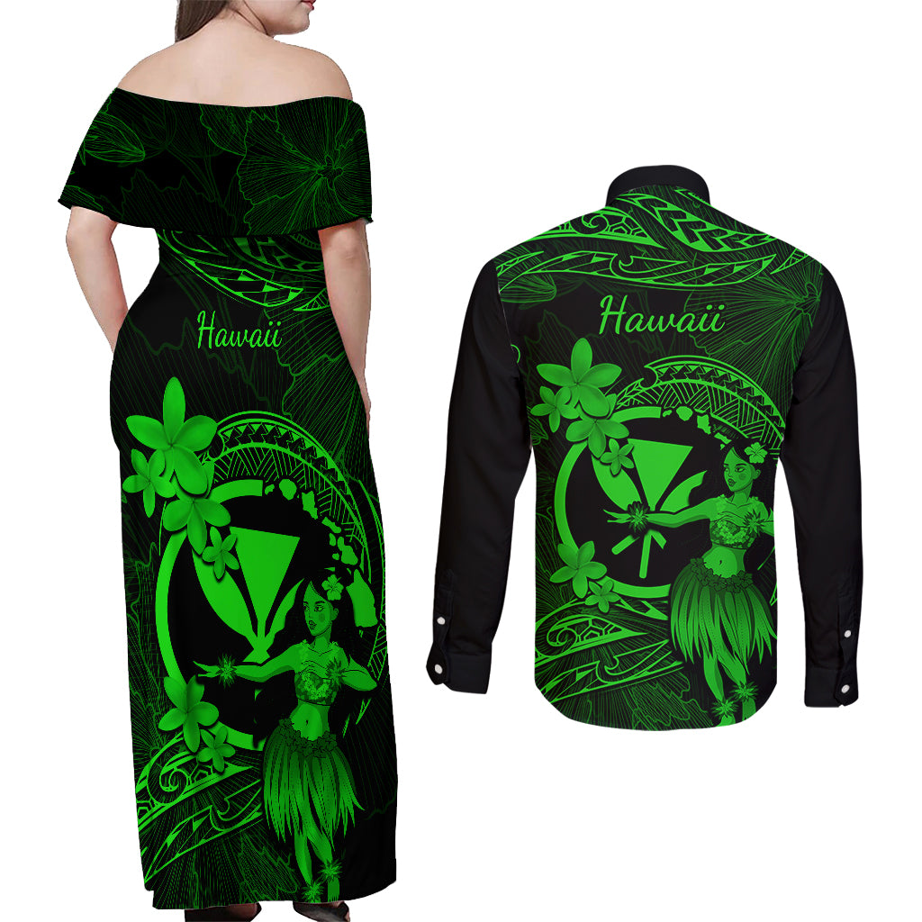 Hawaii Couples Matching Off Shoulder Maxi Dress and Long Sleeve Button Shirts Hula Girl Mix Polynesian Plumeria Green Version - Wonder Print Shop