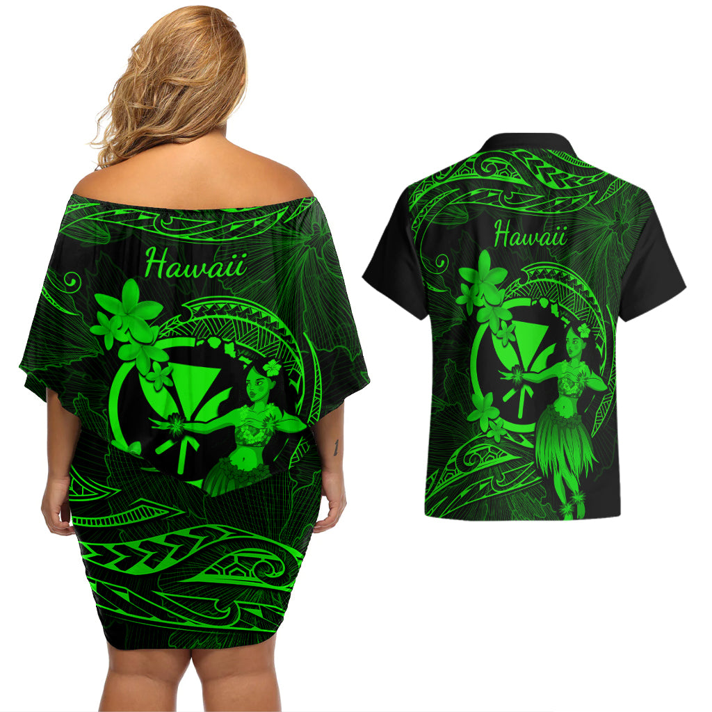 Hawaii Couples Matching Off Shoulder Short Dress and Hawaiian Shirt Hula Girl Mix Polynesian Plumeria Green Version - Wonder Print Shop