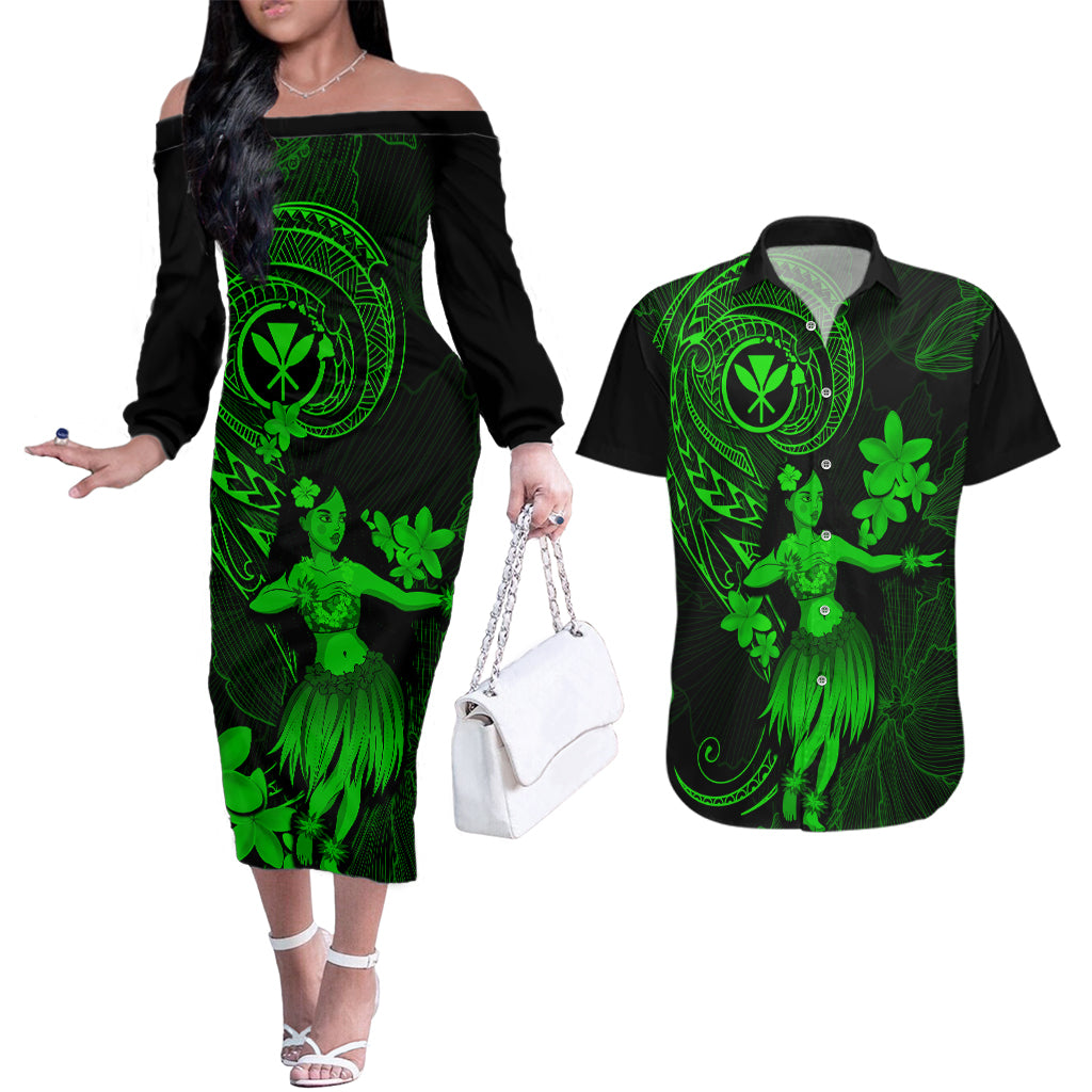 Hawaii Couples Matching Off The Shoulder Long Sleeve Dress and Hawaiian Shirt Hula Girl Mix Polynesian Plumeria Green Version - Wonder Print Shop