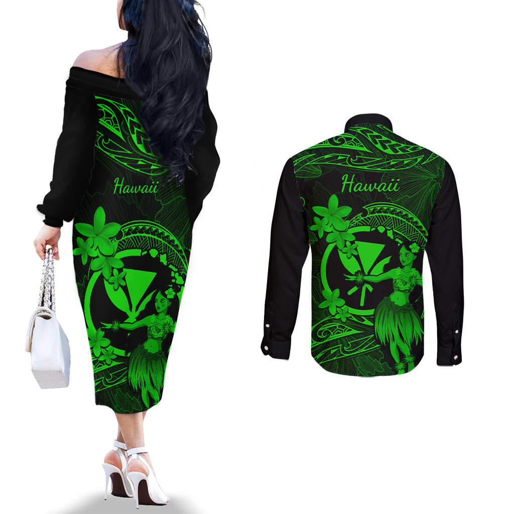hawaii-couples-matching-off-the-shoulder-long-sleeve-dress-and-long-sleeve-button-shirts-hula-girl-mix-polynesian-plumeria-green-version