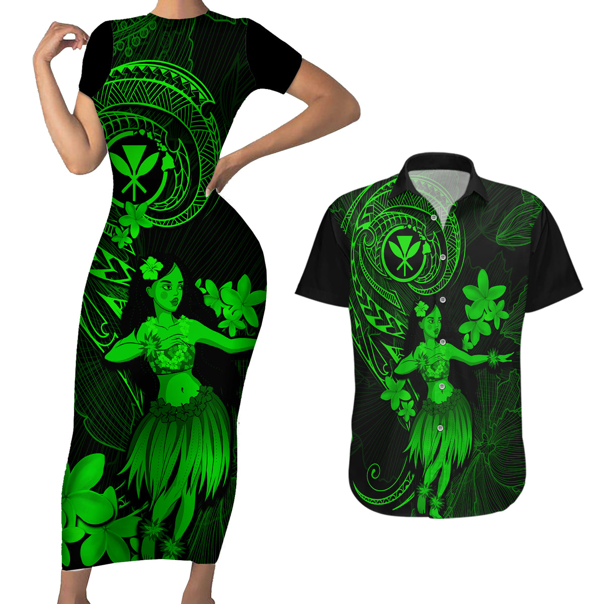 Hawaii Couples Matching Short Sleeve Bodycon Dress and Hawaiian Shirt Hula Girl Mix Polynesian Plumeria Green Version - Wonder Print Shop