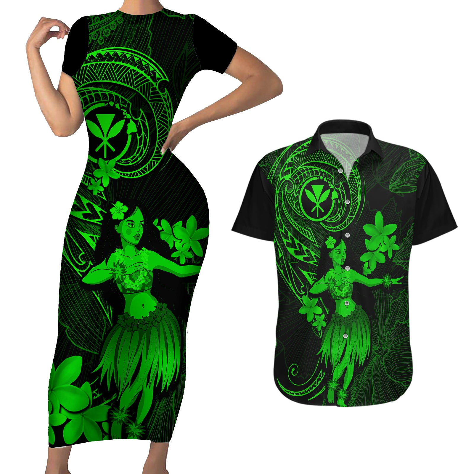 Hawaii Couples Matching Short Sleeve Bodycon Dress and Hawaiian Shirt Hula Girl Mix Polynesian Plumeria Green Version - Wonder Print Shop