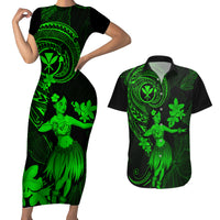 Hawaii Couples Matching Short Sleeve Bodycon Dress and Hawaiian Shirt Hula Girl Mix Polynesian Plumeria Green Version - Wonder Print Shop