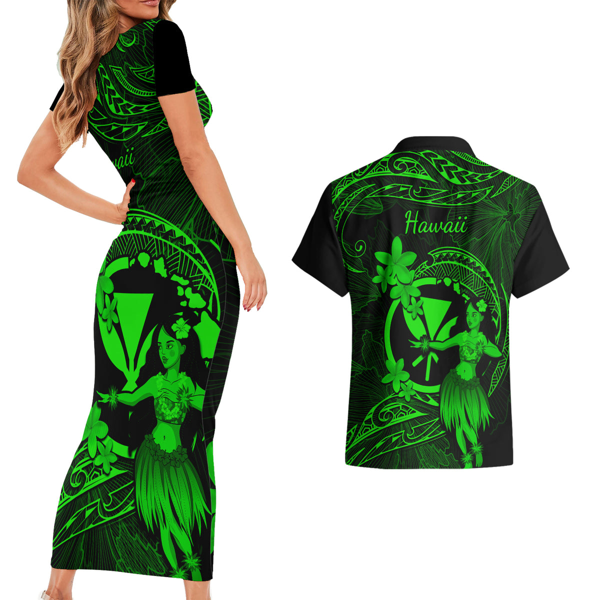 Hawaii Couples Matching Short Sleeve Bodycon Dress and Hawaiian Shirt Hula Girl Mix Polynesian Plumeria Green Version - Wonder Print Shop