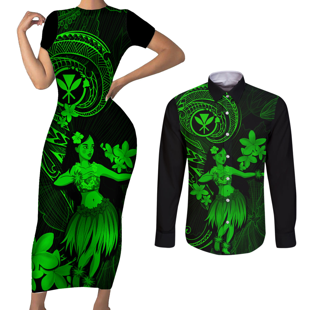 Hawaii Couples Matching Short Sleeve Bodycon Dress and Long Sleeve Button Shirts Hula Girl Mix Polynesian Plumeria Green Version - Wonder Print Shop