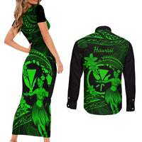 Hawaii Couples Matching Short Sleeve Bodycon Dress and Long Sleeve Button Shirts Hula Girl Mix Polynesian Plumeria Green Version - Wonder Print Shop