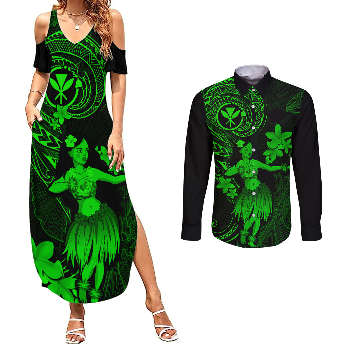 Hawaii Couples Matching Summer Maxi Dress and Long Sleeve Button Shirts Hula Girl Mix Polynesian Plumeria Green Version - Wonder Print Shop
