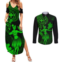 Hawaii Couples Matching Summer Maxi Dress and Long Sleeve Button Shirts Hula Girl Mix Polynesian Plumeria Green Version - Wonder Print Shop
