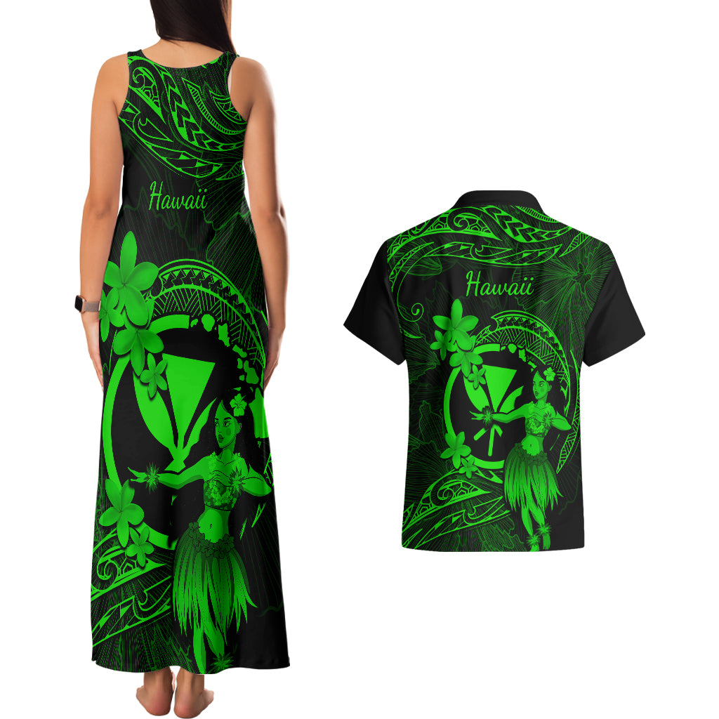 Hawaii Couples Matching Tank Maxi Dress and Hawaiian Shirt Hula Girl Mix Polynesian Plumeria Green Version - Wonder Print Shop