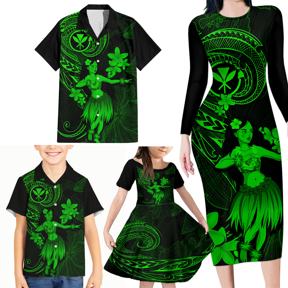 Hawaii Family Matching Long Sleeve Bodycon Dress and Hawaiian Shirt Hula Girl Mix Polynesian Plumeria Green Version - Wonder Print Shop