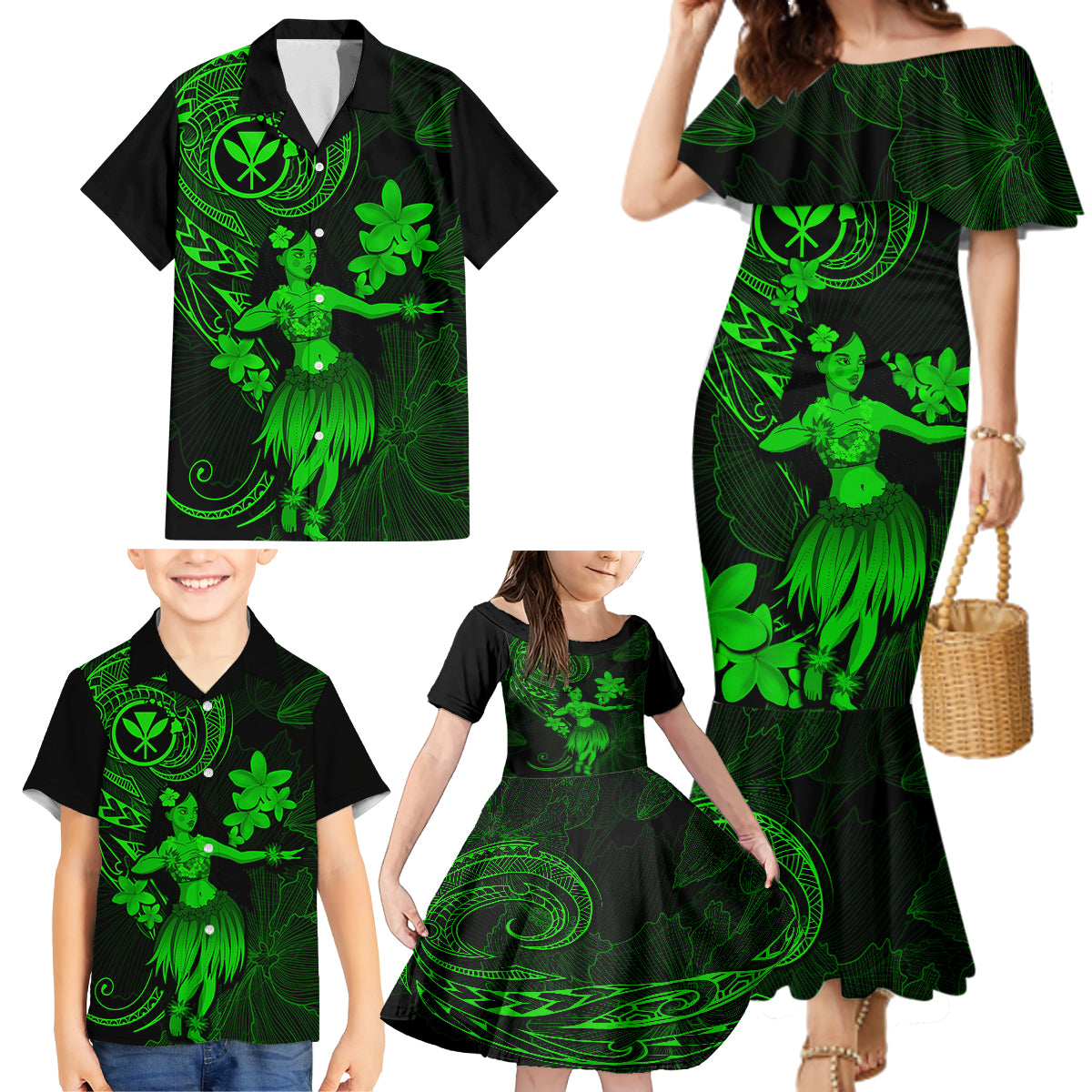 Hawaii Family Matching Mermaid Dress and Hawaiian Shirt Hula Girl Mix Polynesian Plumeria Green Version - Wonder Print Shop