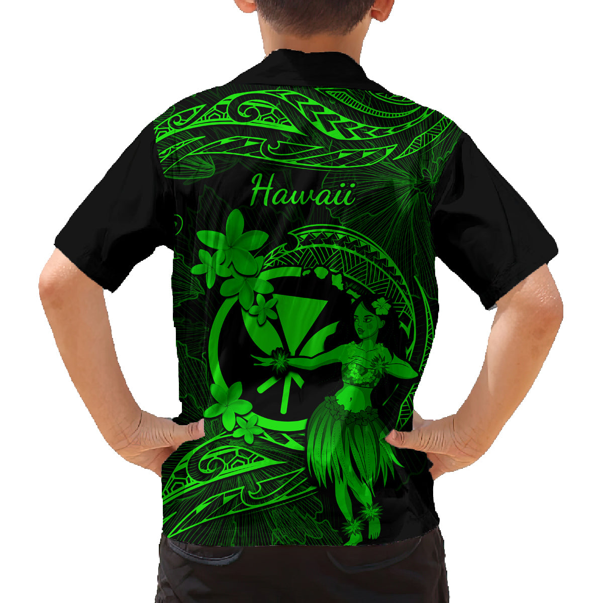 Hawaii Family Matching Off Shoulder Long Sleeve Dress and Hawaiian Shirt Hula Girl Mix Polynesian Plumeria Green Version - Wonder Print Shop