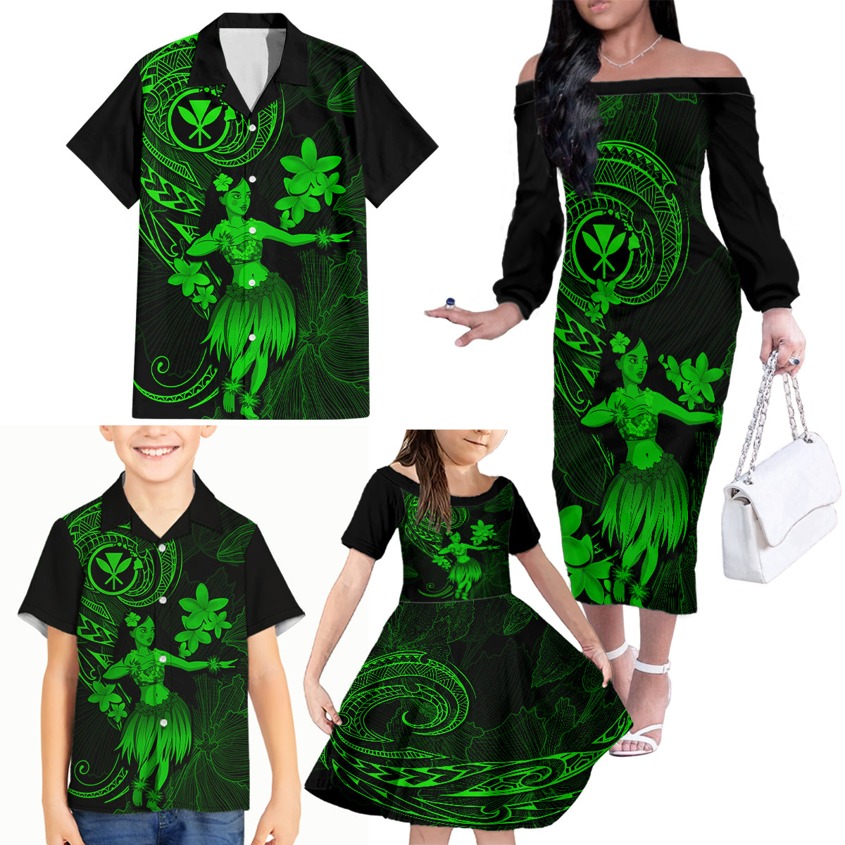 Hawaii Family Matching Off Shoulder Long Sleeve Dress and Hawaiian Shirt Hula Girl Mix Polynesian Plumeria Green Version - Wonder Print Shop