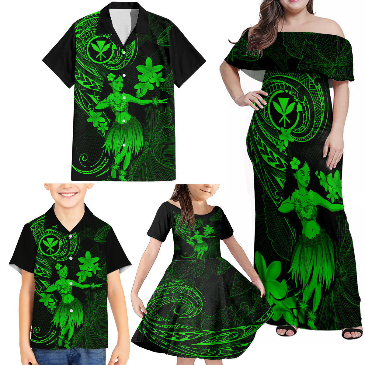 Hawaii Family Matching Off Shoulder Maxi Dress and Hawaiian Shirt Hula Girl Mix Polynesian Plumeria Green Version - Wonder Print Shop