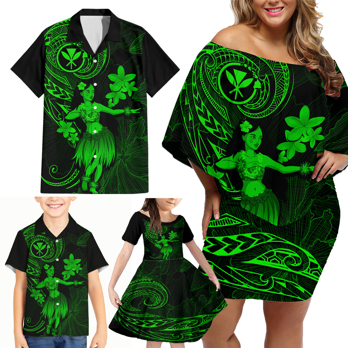 Hawaii Family Matching Off Shoulder Short Dress and Hawaiian Shirt Hula Girl Mix Polynesian Plumeria Green Version - Wonder Print Shop