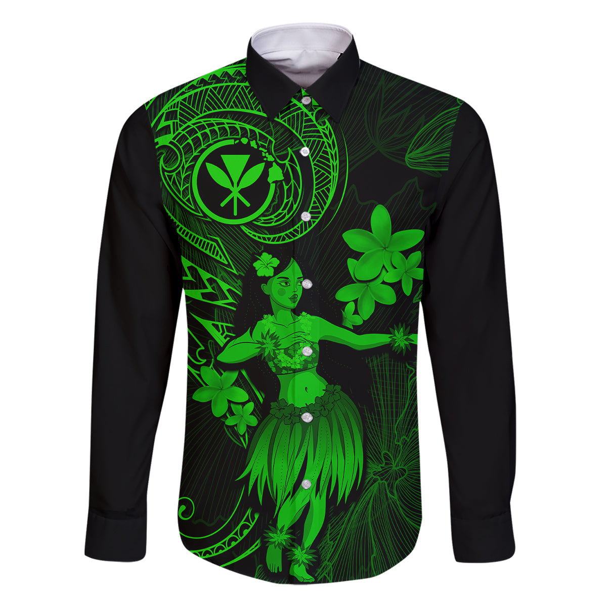 Hawaii Family Matching Puletasi Dress and Hawaiian Shirt Hula Girl Mix Polynesian Plumeria Green Version - Wonder Print Shop