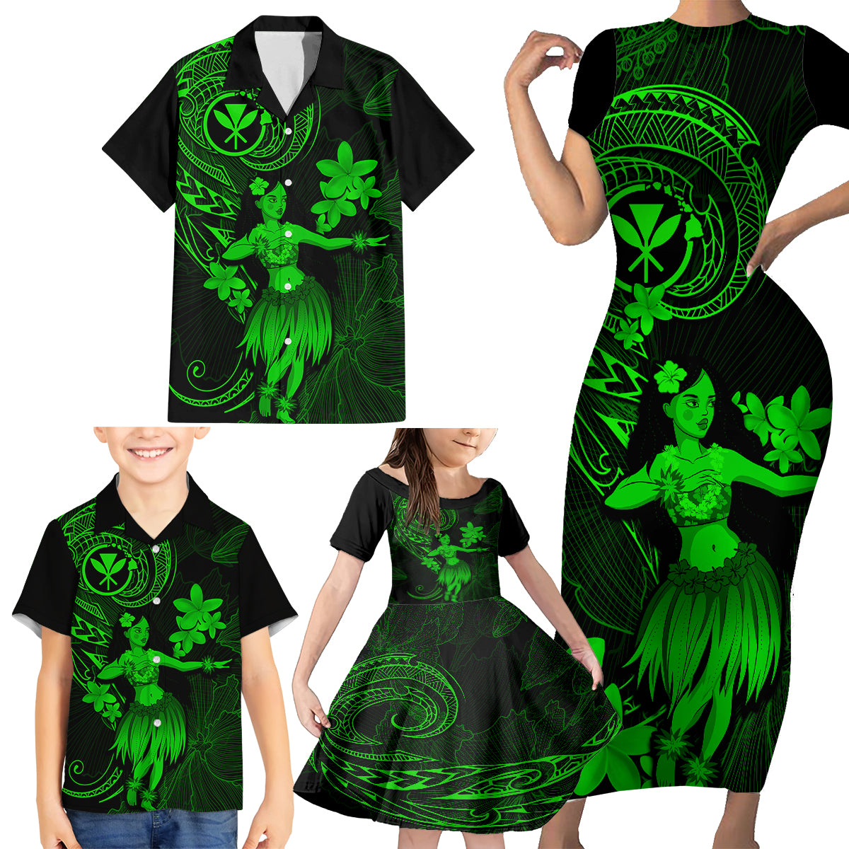 Hawaii Family Matching Short Sleeve Bodycon Dress and Hawaiian Shirt Hula Girl Mix Polynesian Plumeria Green Version - Wonder Print Shop
