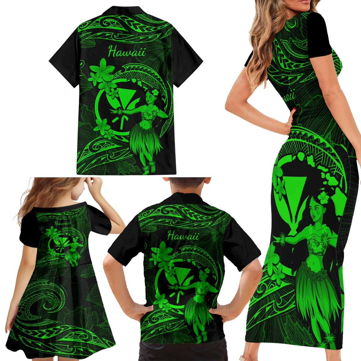 Hawaii Family Matching Short Sleeve Bodycon Dress and Hawaiian Shirt Hula Girl Mix Polynesian Plumeria Green Version - Wonder Print Shop