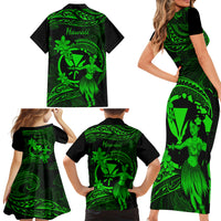Hawaii Family Matching Short Sleeve Bodycon Dress and Hawaiian Shirt Hula Girl Mix Polynesian Plumeria Green Version - Wonder Print Shop