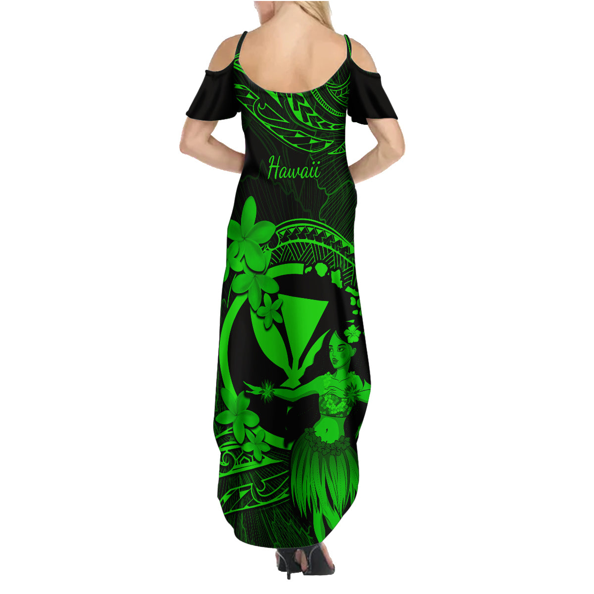 Hawaii Family Matching Summer Maxi Dress and Hawaiian Shirt Hula Girl Mix Polynesian Plumeria Green Version - Wonder Print Shop