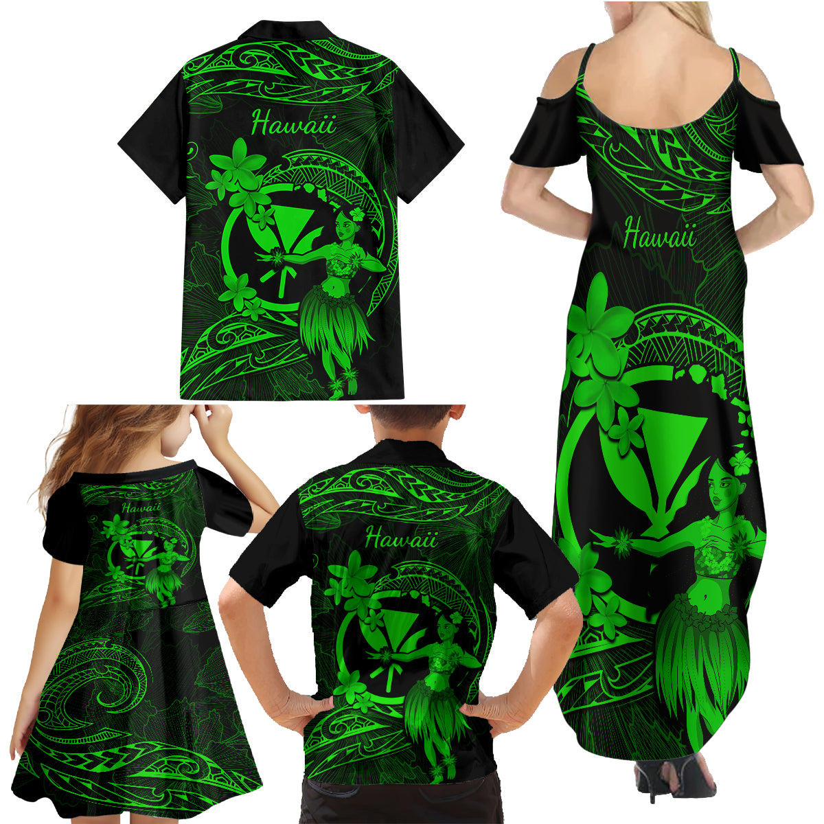 Hawaii Family Matching Summer Maxi Dress and Hawaiian Shirt Hula Girl Mix Polynesian Plumeria Green Version - Wonder Print Shop