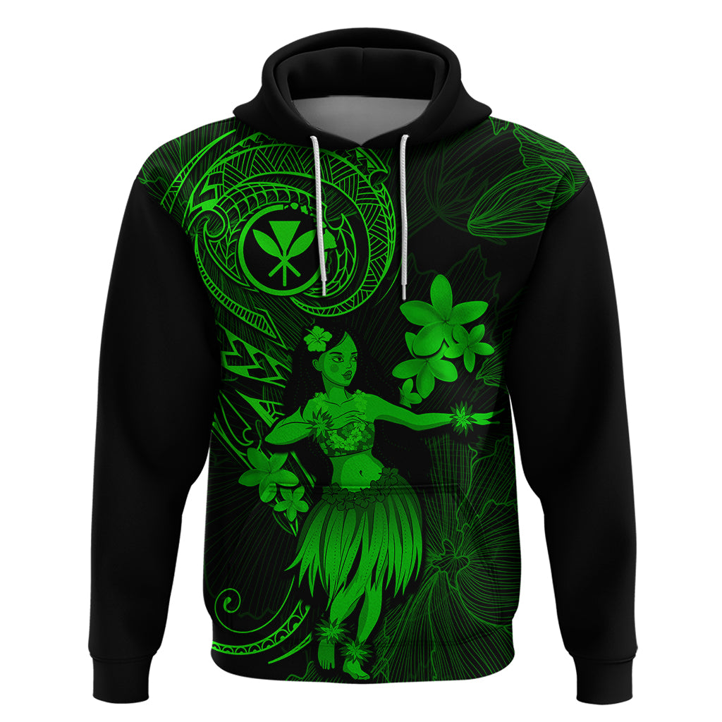 Hawaii Hoodie Hula Girl Mix Polynesian Plumeria Green Version - Wonder Print Shop
