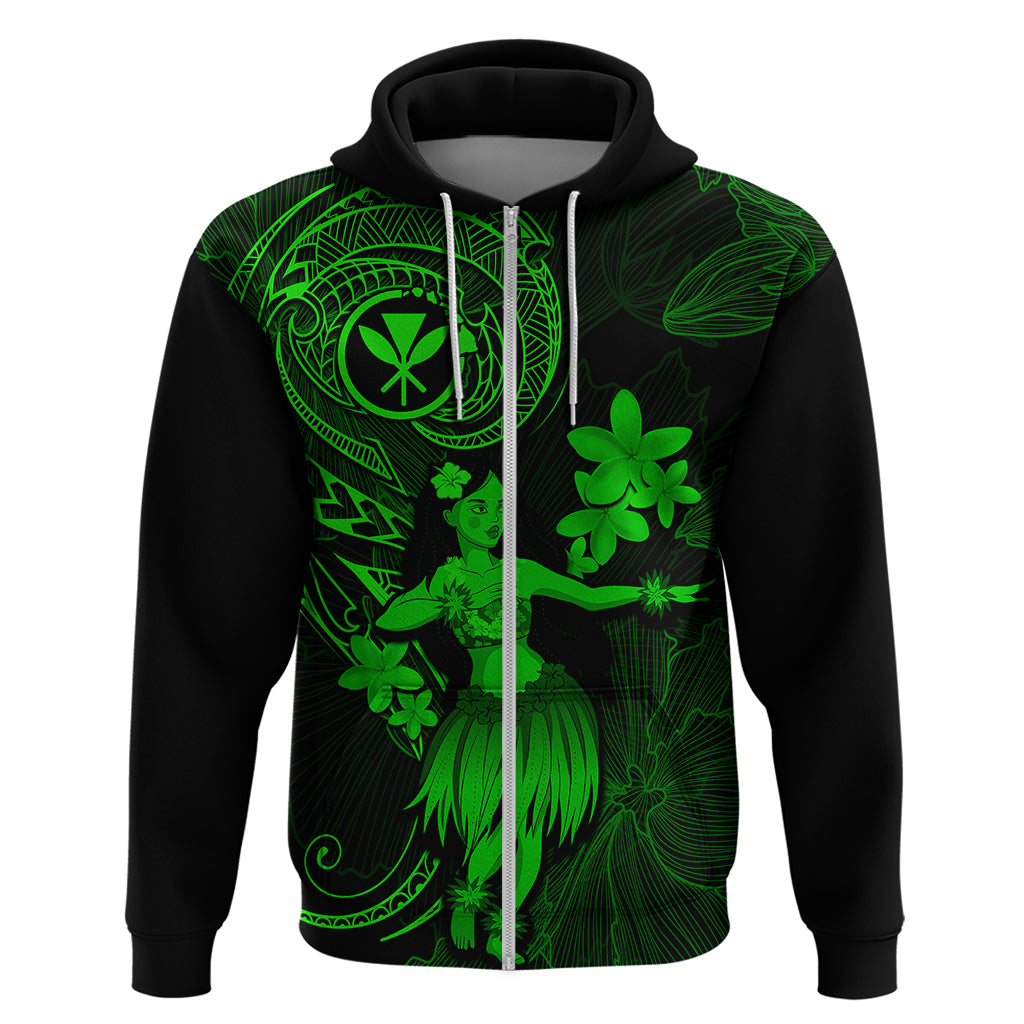 Hawaii Hoodie Hula Girl Mix Polynesian Plumeria Green Version - Wonder Print Shop