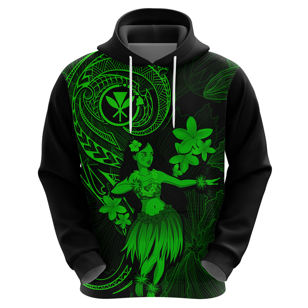 Hawaii Hoodie Hula Girl Mix Polynesian Plumeria Green Version - Wonder Print Shop
