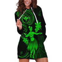 Hawaii Hoodie Dress Hula Girl Mix Polynesian Plumeria Green Version - Wonder Print Shop
