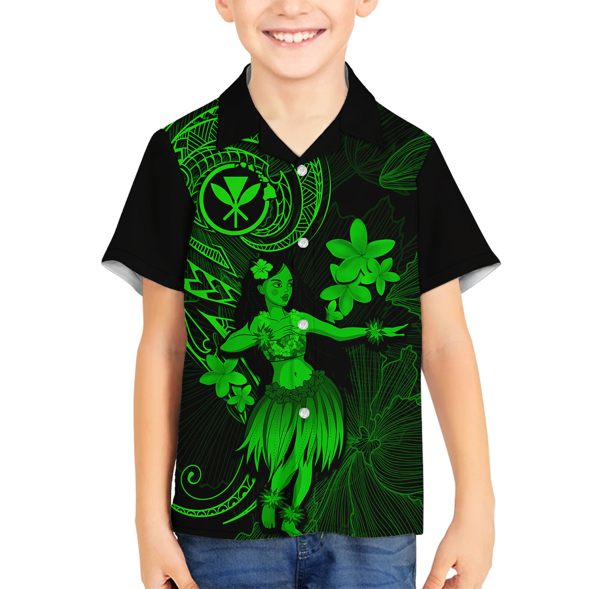 Hawaii Kid Hawaiian Shirt Hula Girl Mix Polynesian Plumeria Green Version - Wonder Print Shop