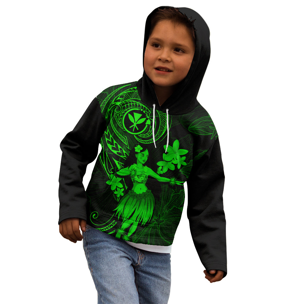 Hawaii Kid Hoodie Hula Girl Mix Polynesian Plumeria Green Version - Wonder Print Shop