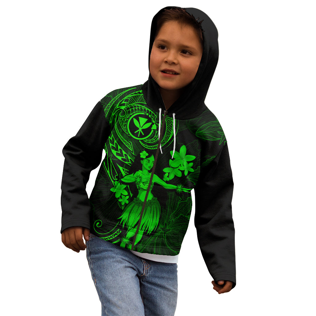 Hawaii Kid Hoodie Hula Girl Mix Polynesian Plumeria Green Version - Wonder Print Shop