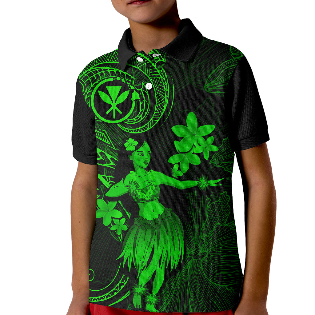 Hawaii Kid Polo Shirt Hula Girl Mix Polynesian Plumeria Green Version - Wonder Print Shop