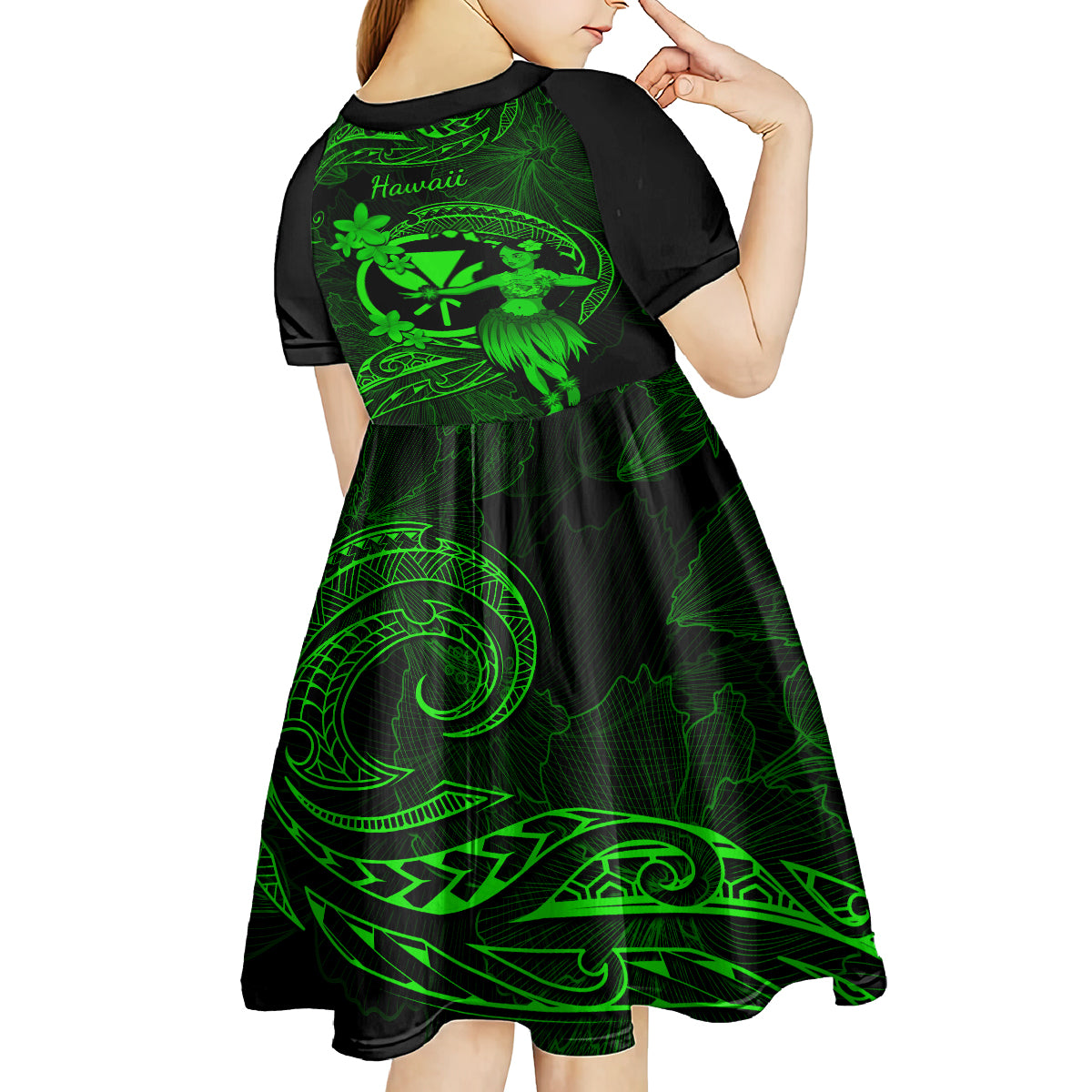 Hawaii Kid Short Sleeve Dress Hula Girl Mix Polynesian Plumeria Green Version - Wonder Print Shop