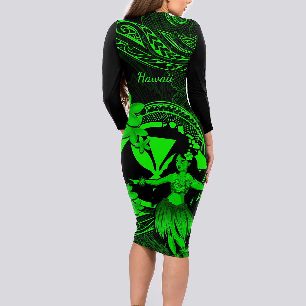 Hawaii Long Sleeve Bodycon Dress Hula Girl Mix Polynesian Plumeria Green Version - Wonder Print Shop