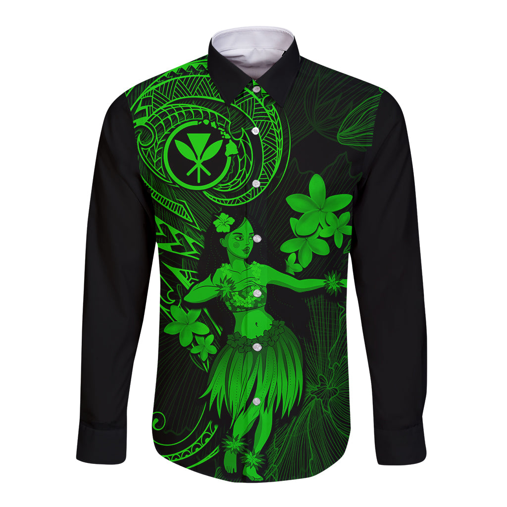 Hawaii Long Sleeve Button Shirt Hula Girl Mix Polynesian Plumeria Green Version - Wonder Print Shop