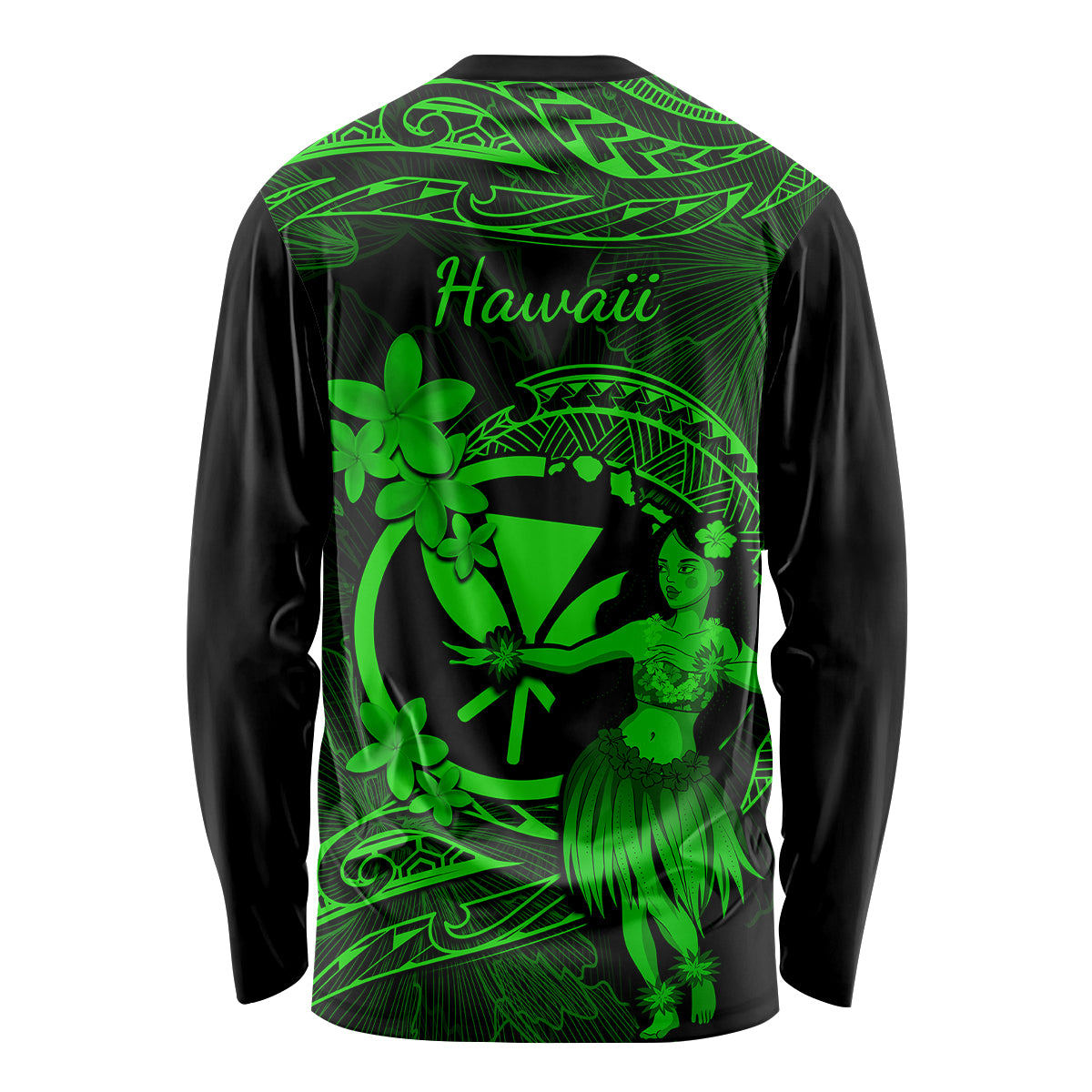 Hawaii Long Sleeve Shirt Hula Girl Mix Polynesian Plumeria Green Version - Wonder Print Shop