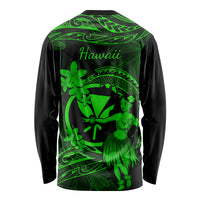 Hawaii Long Sleeve Shirt Hula Girl Mix Polynesian Plumeria Green Version - Wonder Print Shop